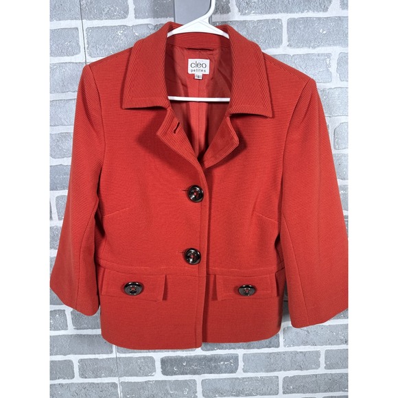 Cleo Petites Jackets & Blazers - Cleo Petites Womens Burnt Orange Ribbed 3/4 Sleeve Button Front Blazer Jacket 6P